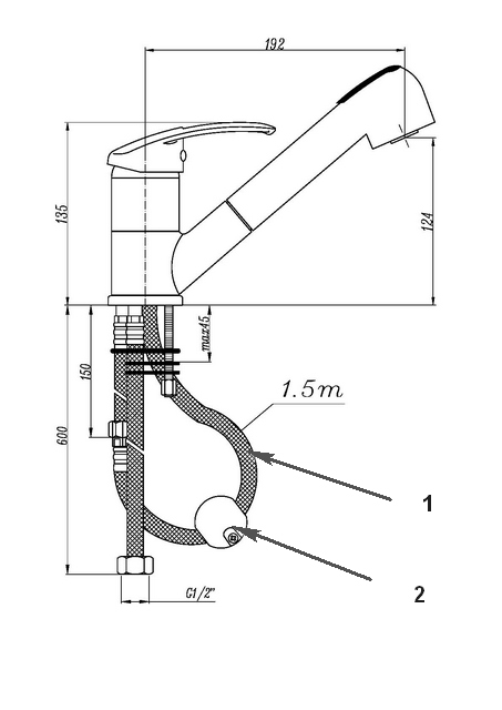 Примерная схема установки смесителя с выдвижной лейкой