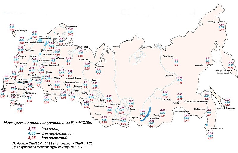По этой карте-схеме н5сложно определить нормативное значение термического сопротивления для своего региона (фиолетовое – для стен, синее – для перекрытий)