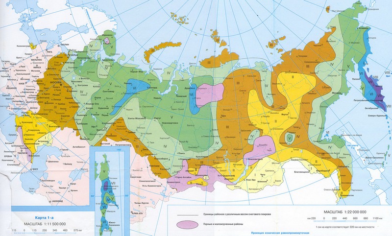 Карта распределения зон на территории РФ по снеговой нагрузке