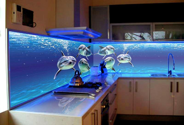 3Д стеклянный фартук (Дорогущие Дизайнерские Дельфины)
