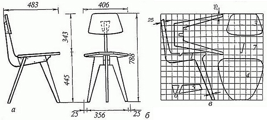 Пример чертежа несложного в изготовлении стула из фанеры с лекалами для разметки деталей