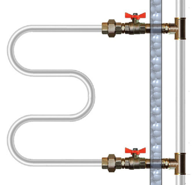 Простейшая схема подключения полотенцесушителя к трубе ГВС