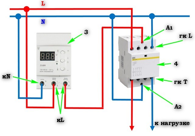 Пример установки реле напряжения в связке с электромагнитным контактором