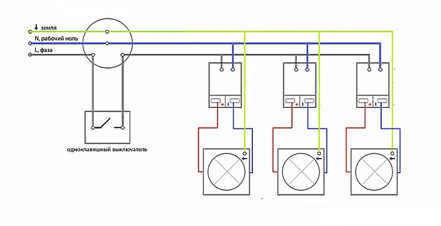 Параллельное подключение светильников с индивидуальными трансформаторами-драйверами