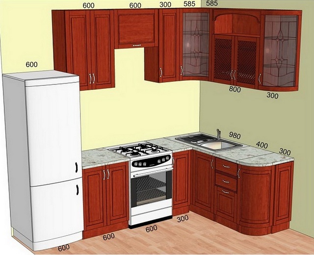 Обычно производители кухонной мебели в размерах отдельных предметов гарнитуров придерживаются определенных стандартов