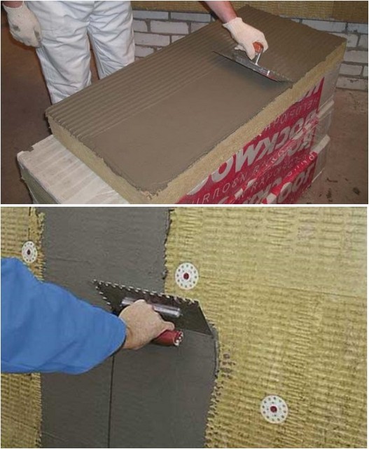Блоки базальтового утеплителя можно монтировать на клей и оштукатуривать