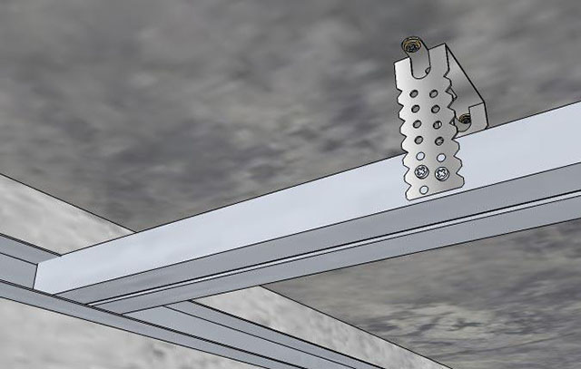 Пример правильного крепления потолочного профиля за прямой подвес. Обратите внимание, что с каждой стороны завернуты два шурупа по металлу TN9