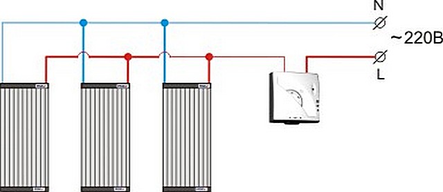 Простейшая схема подключения ПЛЭН к электропитанию и термостату