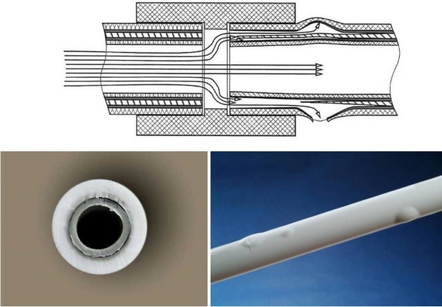 Схема и иллюстрации, объясняющие необходимость торцевания трубы с внутренним алюминиевым армированием