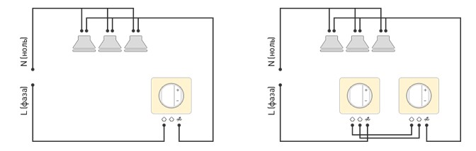 Схемы установки диммирующего устройства: а. с регулировкой из одного места, б. с двух мест сначала и конца комнаты, диммер используется в качестве проходного регулятора