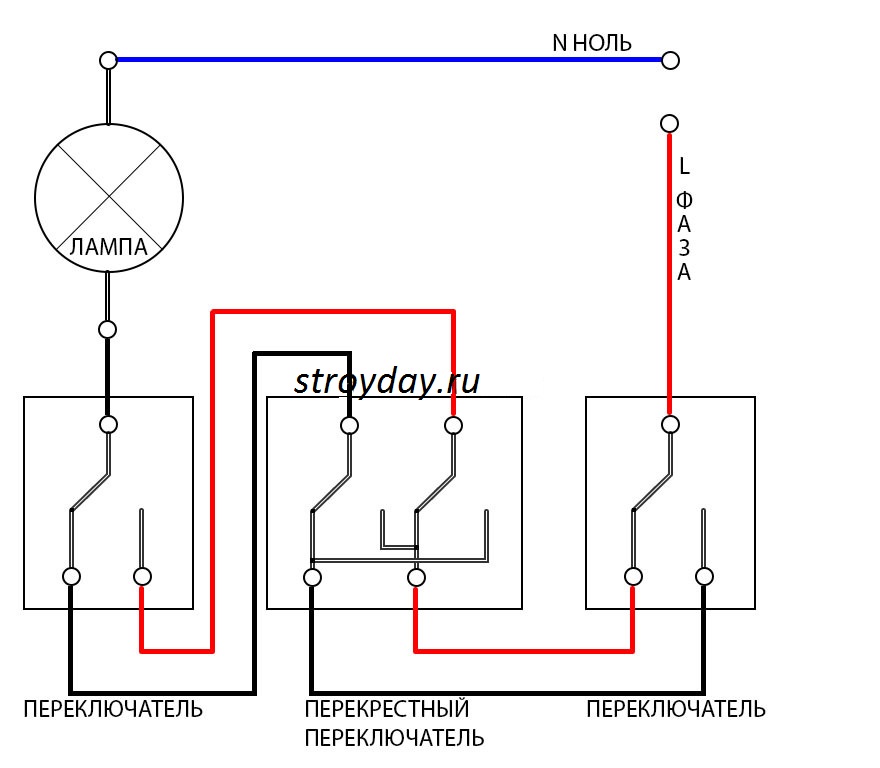 Место подключения. Схема подключения проходного выключателя с 3х. Схема соединения 3х проходных выключателей. Схема подключения проходного выключателя с 3х мест на две лампочки. Схемы подключения переключателей освещения с трех мест.