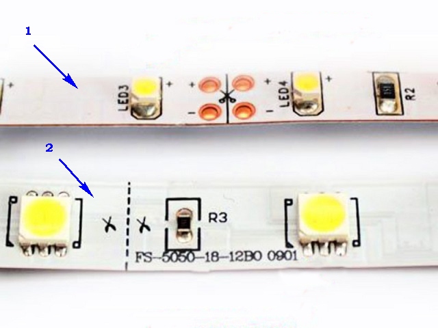 Ленты со светодиодами SMD 3028 (поз. 1) и SMD 5050 (поз.2)