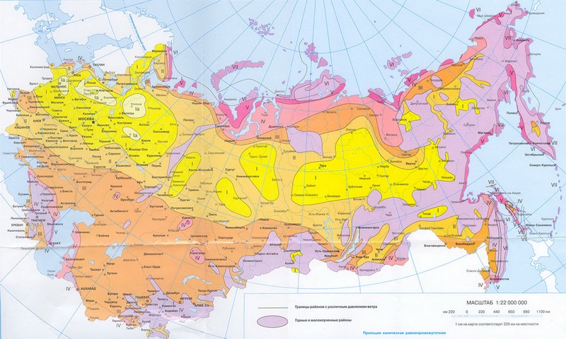 Карта распределения территории РФ на зоны по уровню ветрового давления